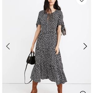 Tie-Sleeve Tiered Midi Dress in Woodcut Flowers